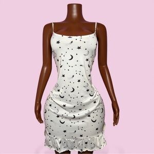 White Slip Dress with Moon and Star Print